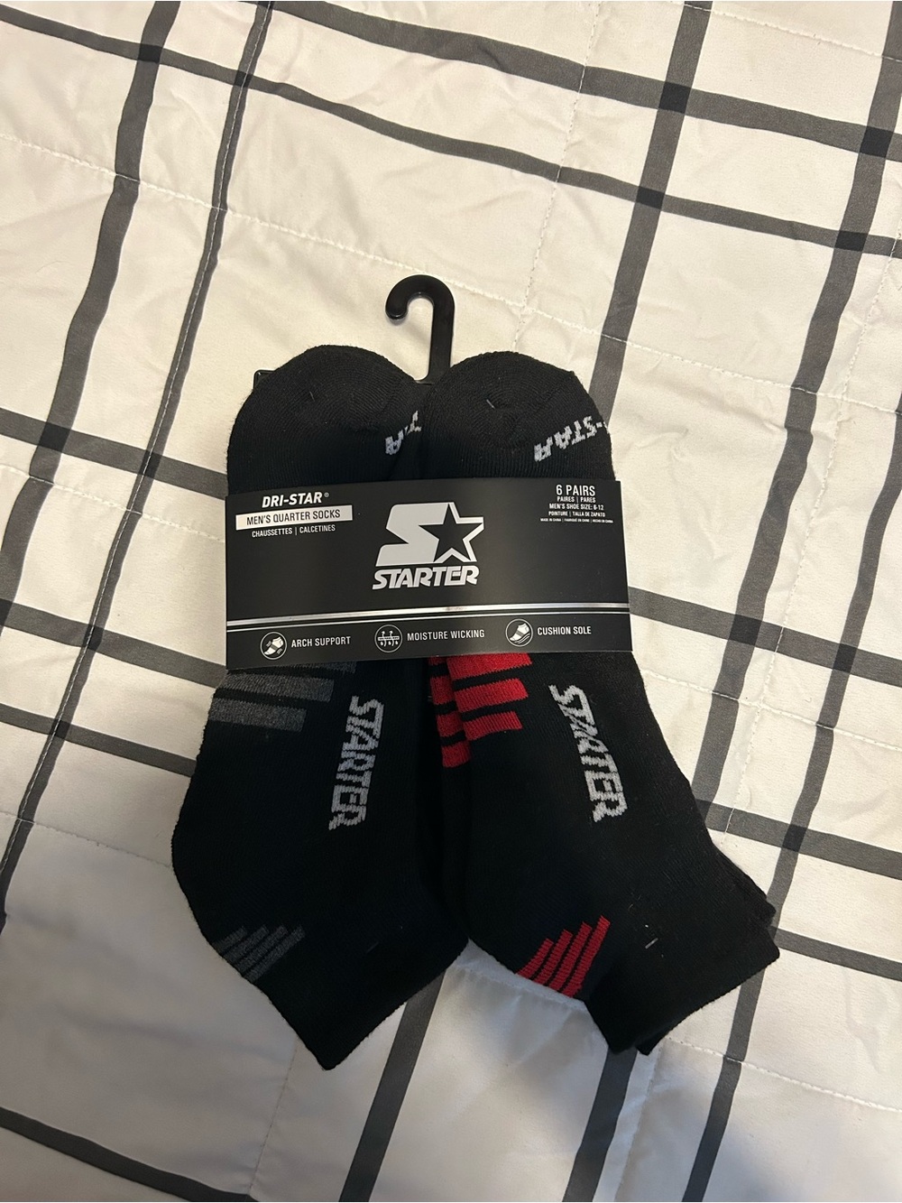 STARTER Men’s Black Athletic Quarter Socks with Red & Gray Accents - 6 Pack